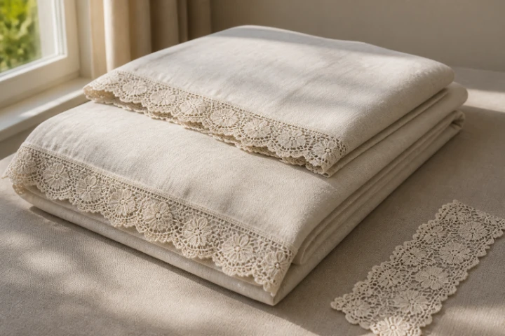 Ivory linen bedding with scalloped lace trim and lace swatch