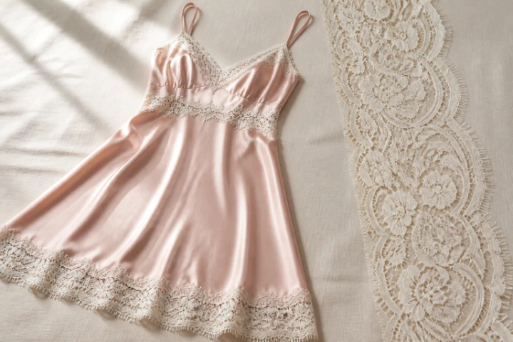 Blush satin womenswear with ivory lace trim and lace swatch